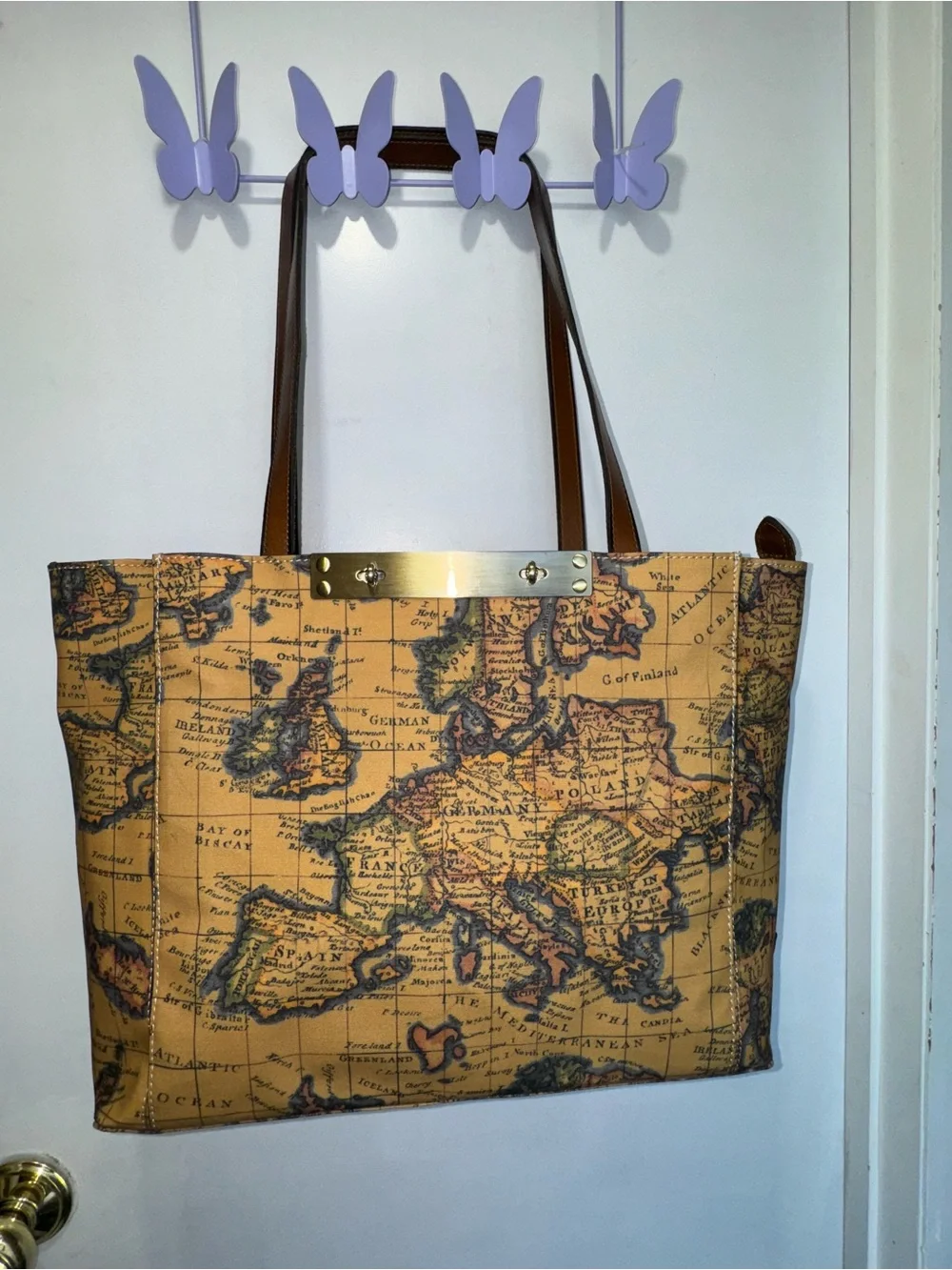 Patricia Nash Map-Print Tote in Tan and Brown with Gold Accent